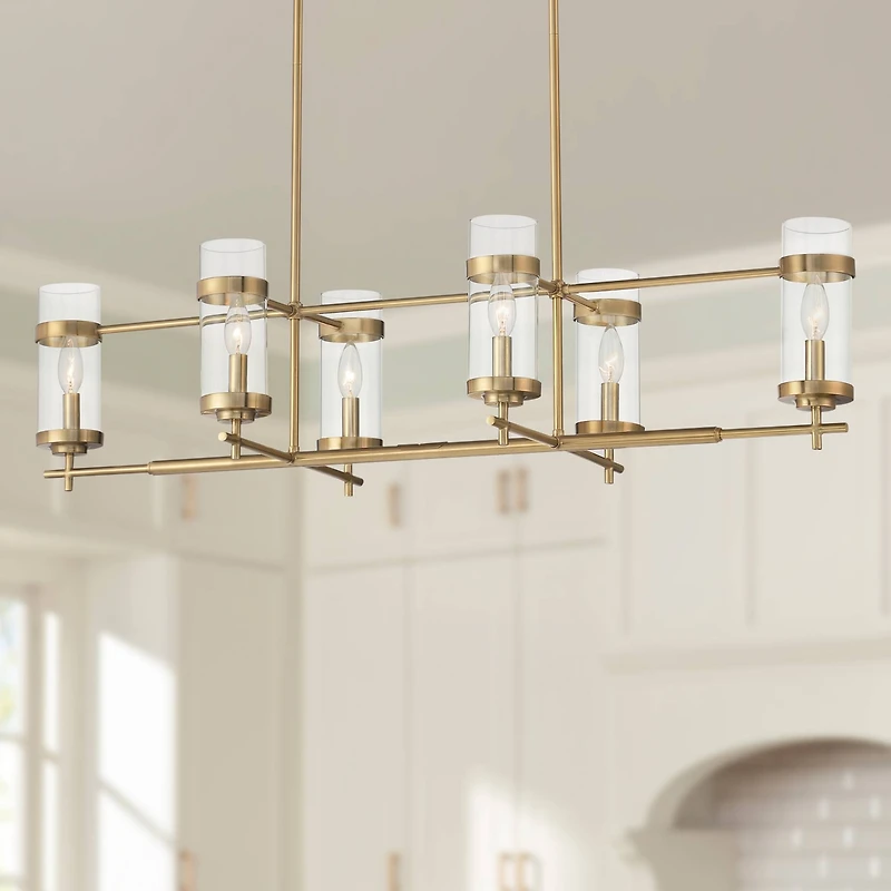 Possini Euro Design Mikel Soft Gold Linear Island Pendant Chandelier 42" Wide Modern Clear Glass Shade 6-Light Fixture for Dining Room House Kitc