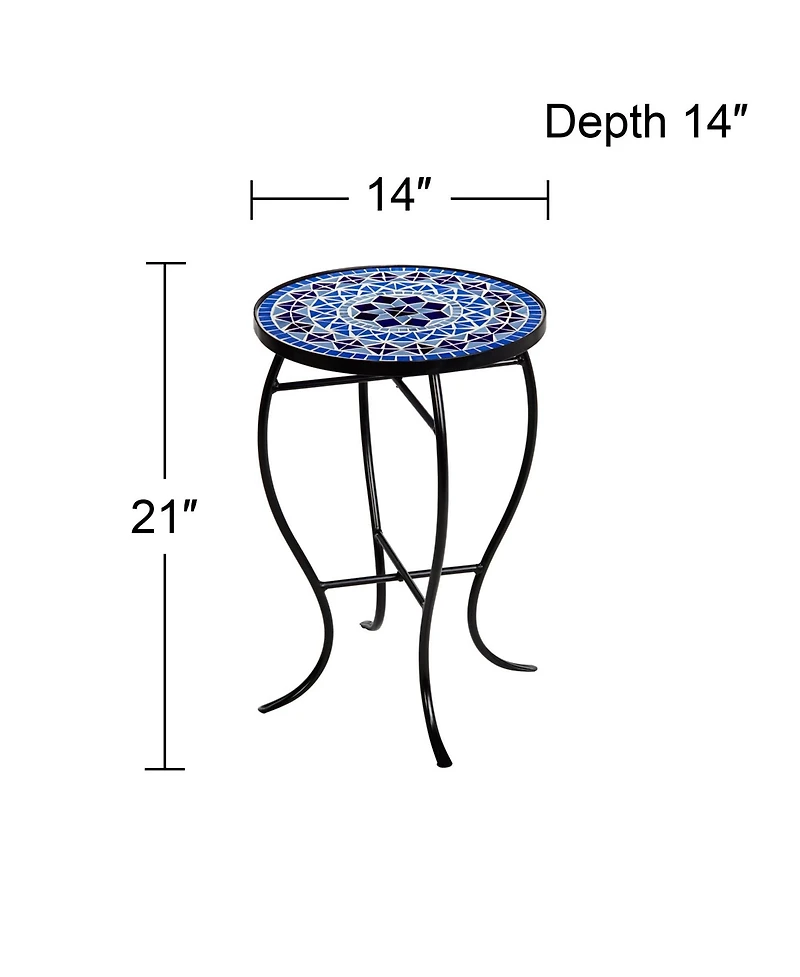 Teal Island Designs Modern Black Round Outdoor Accent Side Tables 14" Wide Set of 2 Light Blue Mosaic Tabletop Front Porch Patio Home House