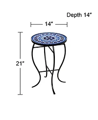 Teal Island Designs Modern Black Round Outdoor Accent Side Tables 14" Wide Set of 2 Light Blue Mosaic Tabletop Front Porch Patio Home House