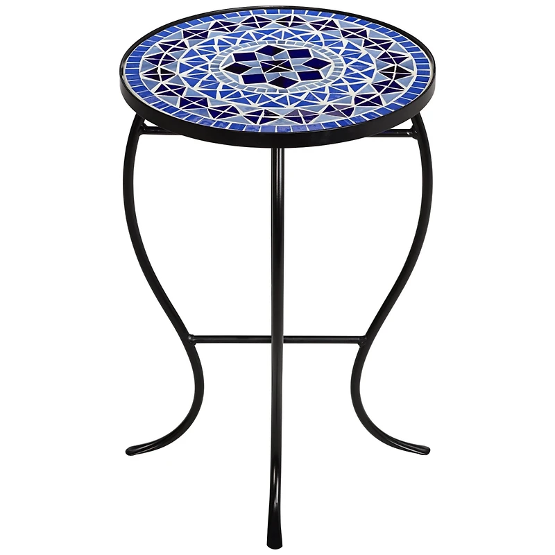 Teal Island Designs Modern Black Round Outdoor Accent Side Tables 14" Wide Set of 2 Light Blue Mosaic Tabletop Front Porch Patio Home House
