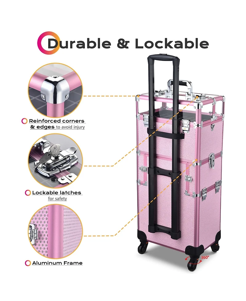 Byootique Folding Manicure Nail Table 2in1 Rolling Makeup Train Case Kit Manicure Cosmetic Trolley Travel Organizer Nail Case, Pink