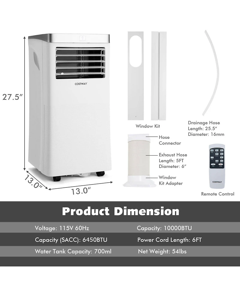 10000BTU Portable Air Conditioner 3-in-1 Cooler with Remote Control