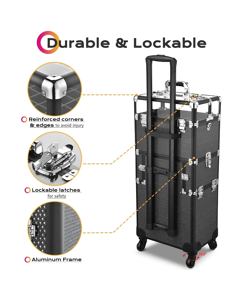 Byootique Folding Manicure Nail Table 2in1 Rolling Makeup Train Case Kit Manicure Cosmetic Trolley Travel Organizer Nail Case, Black