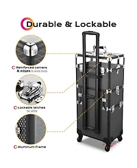 Byootique Folding Manicure Nail Table 2in1 Rolling Makeup Train Case Kit Manicure Cosmetic Trolley Travel Organizer Nail Case, Black