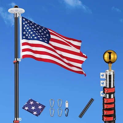 Yescom Ez Go 20 Ft Telescopic Aluminum Flag Pole Kit with 136 Led Solar Light Us Flag Garden