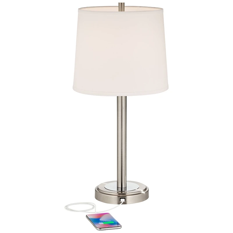Camile Modern Table Lamps 25" High Set of 2 with Hotel Style Usb Charging Port Brushed Nickel Off White Drum Shade for Living Room Desk Bedroom H