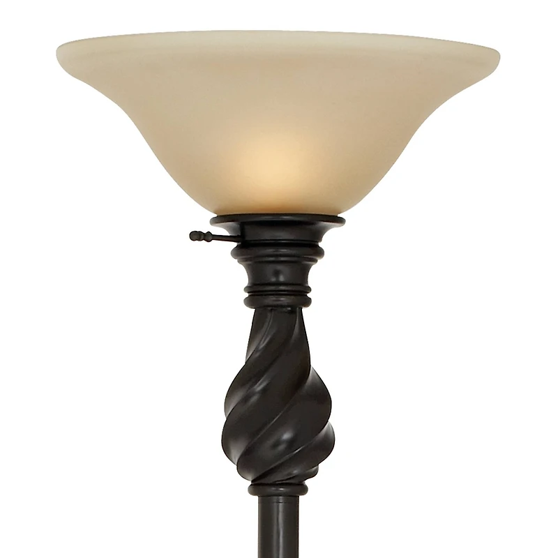 Regency Hill Traditional Torchiere Floor Lamp 70" Tall Hand Applied Black Bronze Swirl Font Amber Glass Shade for Living Room Uplight