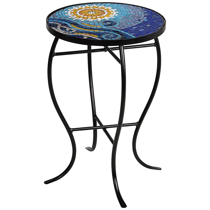 Teal Island Designs Ocean Modern Black Metal Round Outdoor Accent Side Table 14" Wide Blue Mosaic Tile Tabletop Gracefully Curved Legs Front Porch Pat