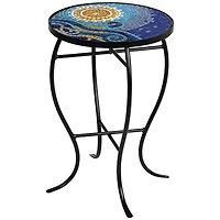 Teal Island Designs Ocean Modern Black Metal Round Outdoor Accent Side Table 14" Wide Blue Mosaic Tile Tabletop Gracefully Curved Legs Front Porch Pat