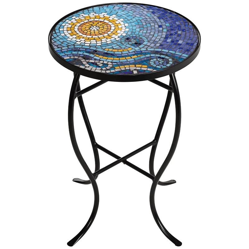 Teal Island Designs Ocean Modern Black Metal Round Outdoor Accent Side Table 14" Wide Blue Mosaic Tile Tabletop Gracefully Curved Legs Front Porch Pat