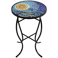 Teal Island Designs Ocean Modern Black Metal Round Outdoor Accent Side Table 14" Wide Blue Mosaic Tile Tabletop Gracefully Curved Legs Front Porch Pat