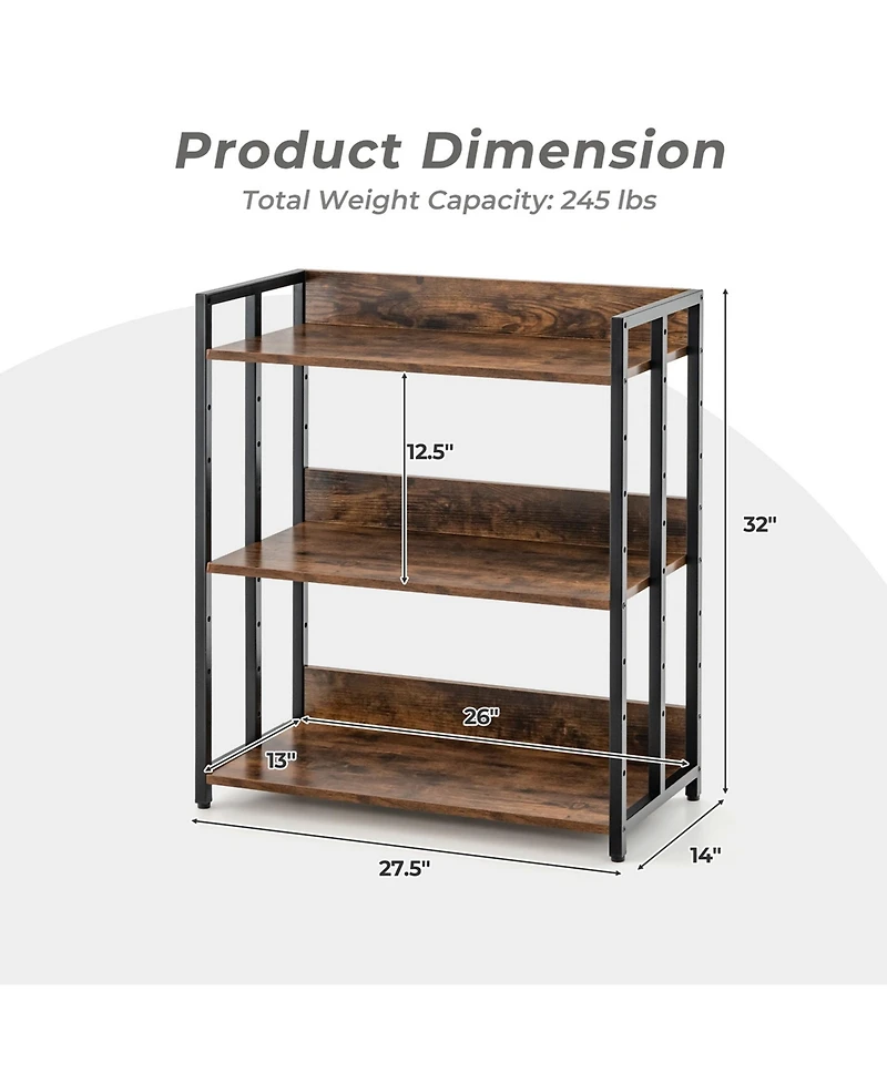 3-Tier Industrial Metal Frame Corner Bookcase with Adjustable Shelves Rustic