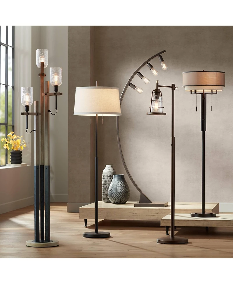 Franklin Iron Works Alamo Industrial Rustic Floor Lamp 62" Tall Bronze Metal Sheer Organza Outer Linen Fabric Inner Double Drum Shade for Living
