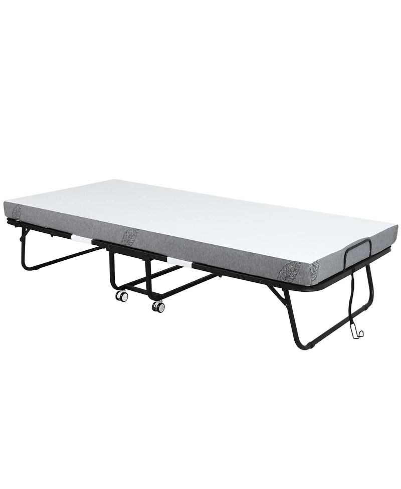 Homcom Folding Bed with 4" Mattress, Portable Foldable Guest Bed with Wheels
