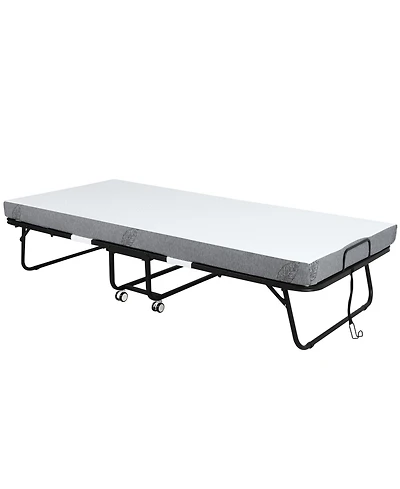 Homcom Folding Bed with 4" Mattress, Portable Foldable Guest Bed with Wheels