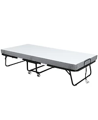 Homcom Folding Bed with 4" Mattress, Portable Foldable Guest Bed with Wheels