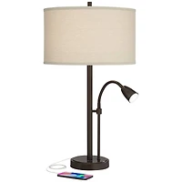 Possini Euro Design Traverse Modern Table Lamps 29" Tall Set of 2 with Usb Charging Port Gooseneck Led Bronze Oatmeal Shade for Bedroom Living Ro