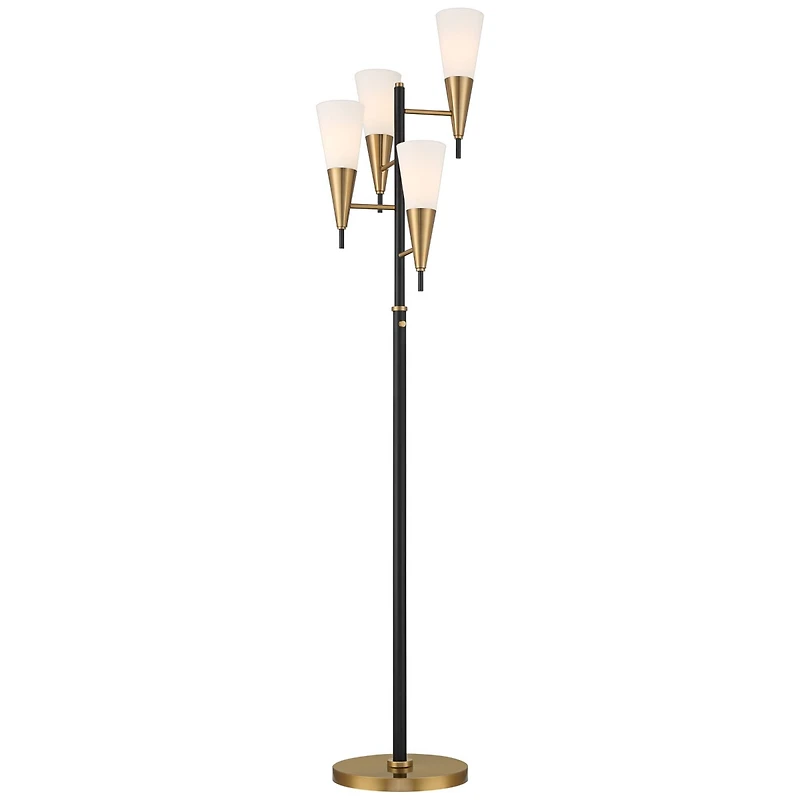 Possini Euro Design Quatro Mid Century Modern Tree Floor Lamp 71" Tall Black Gold Metal 4 Light Frosted Glass Cone Shade for Living Room Bedroom