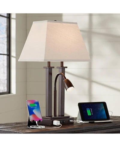 Possini Euro Design Deacon Modern Desk Table Lamp 26" High Bronze with Usb and Ac Power Outlet in Base Led Reading Light Oatmeal Shade for Office