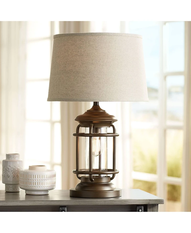 Franklin Iron Works Andreas Industrial Table Lamp 26" High Brown Metal with Nightlight Led and Usb Charging Port Oatmeal Shade for Living Room De