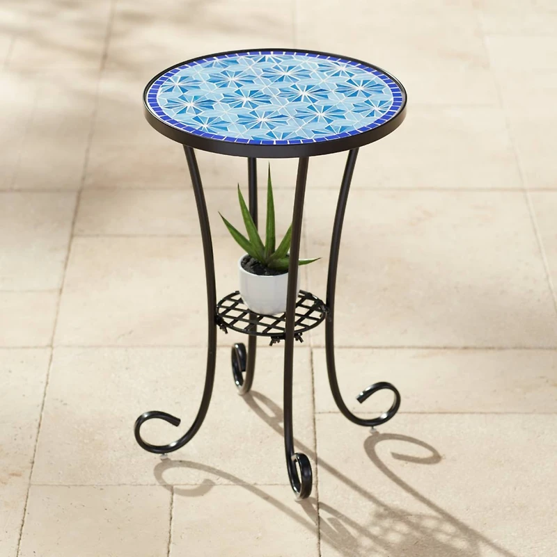 Teal Island Designs Blue Star Modern Black Metal Round Outdoor Accent Side Table 14" Wide with Lower Shelf Mosaic Tabletop Gracefully Curved Legs for
