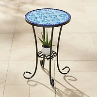 Teal Island Designs Blue Star Modern Black Metal Round Outdoor Accent Side Table 14" Wide with Lower Shelf Mosaic Tabletop Gracefully Curved Legs for