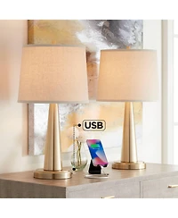 360 Lighting Modern Table Lamps 25" High Set of 2 with Usb Charging Port Brass Metal Beige Drum Shade for Bedroom Living Room House Desk Bedside