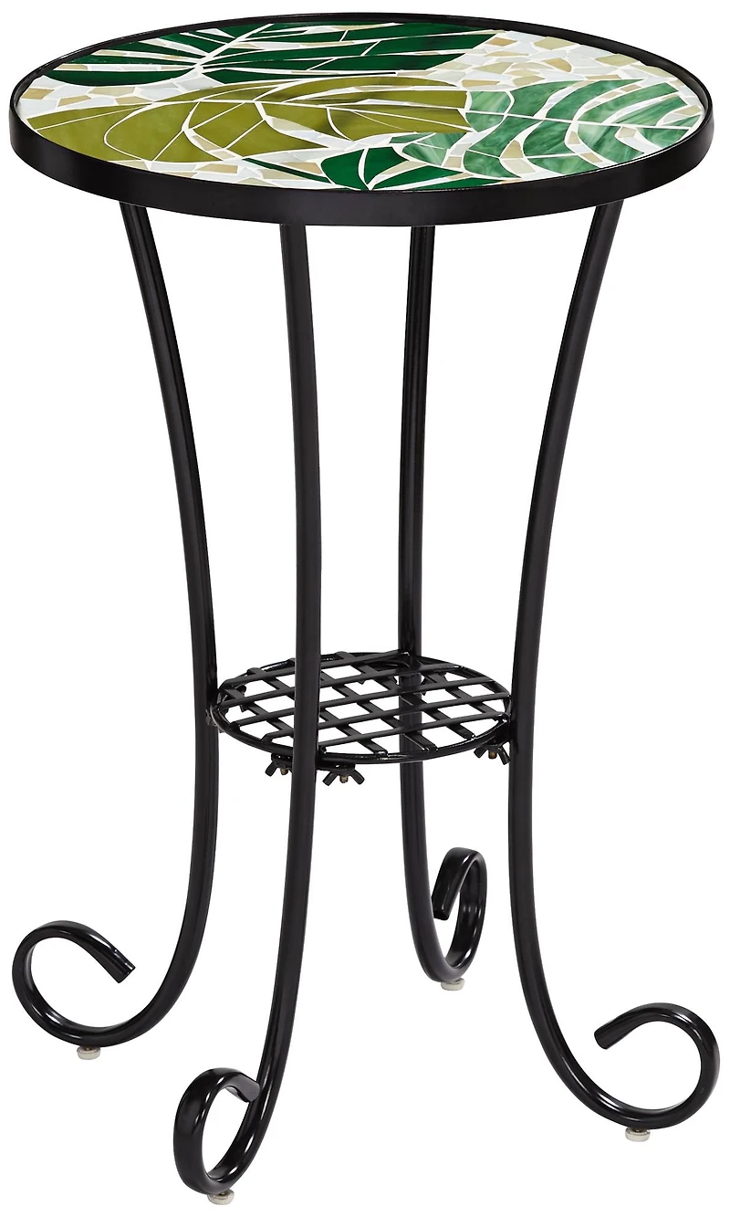Teal Island Designs Modern Black Metal Round Outdoor Accent Side Table 14" Wide Green Leaf Mosaic Tabletop for Front Porch Patio Home House