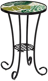 Teal Island Designs Modern Black Metal Round Outdoor Accent Side Table 14" Wide Green Leaf Mosaic Tabletop for Front Porch Patio Home House