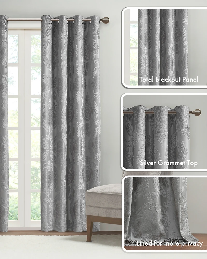 SunSmart Amelia Knitted Jacquard Paisley Total Blackout Grommet Top Curtain Panel, Single Curtain with Privacy Lining for Bedroom and Living Room