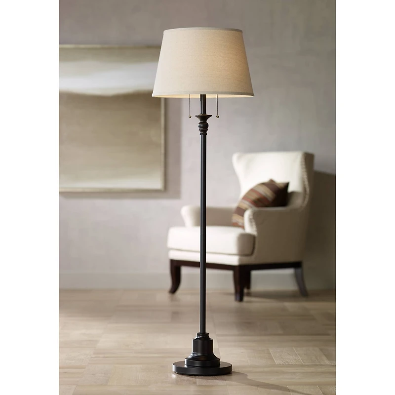 360 Lighting Spenser Rustic Farmhouse Floor Lamp 58" Tall Oiled Bronze Metal Off White Linen Empire Shade for Living Room Bedroom Office House Ho