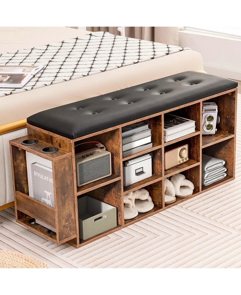 Wooden Shoe Bench 10-Cube Storage Organizer with Padded Cushion & Umbrella Holder