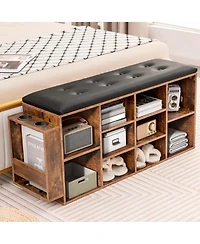 Wooden Shoe Bench 10-Cube Storage Organizer with Padded Cushion & Umbrella Holder