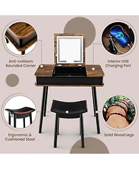 Costway Vanity Table Set Flip Top Mirror Lights Usb Port Cushioned Stool