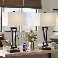 360 Lighting Roxie Modern Table Lamps 31" Tall Set of 2 Black Metal with Usb Charging Port White Rectangular Shade for Bedroom Living Room Bedsid