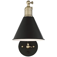 360 Lighting Wray Modern Wall Lamp Set of 2 Black Brass Plug-in 6" Light Fixture Up Down Adjustable Cone Shade for Bedroom Reading Living Room Ha