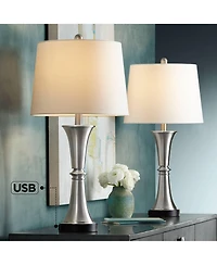Seymore Modern Table Lamps 26" Tall Set of 2 with Usb Charging Port Silver Led Touch On Off White Drum Shade for Bedroom Living Room House Home D