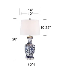 Barnes and Ivy Iris Vintage Style Table Lamp 28" Tall Blue White Floral Geneva with Table Top Dimmer White Drum for Bedroom Living Room Bedside O