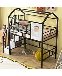 Simplie Fun Metal Loft Bed With Roof Design And A Storage Box, Twin, Pink