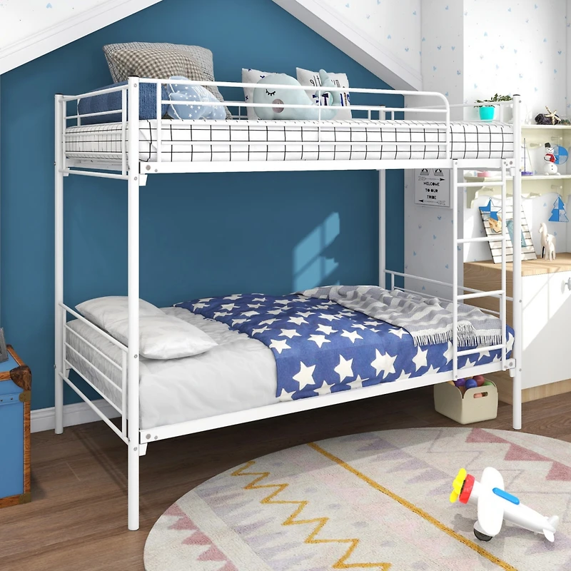 Simplie Fun Twin-Over-Twin Bunk Bed With Metal Frame And Ladder, Space-Saving Design