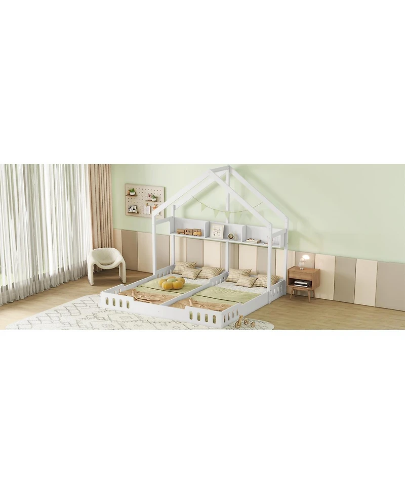 Simplie Fun Wood Twin Size House Platform Beds, Two Shared Beds With Shelves And Guardraily White