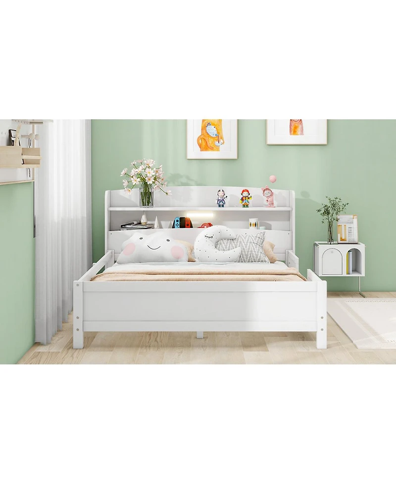 Simplie Fun Wood Full Size Platform Bed With Built-In Led Light, Storage Headboard And Guardrail, White