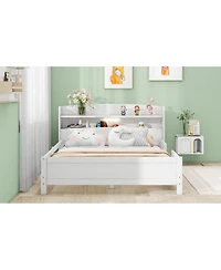 Simplie Fun Wood Full Size Platform Bed With Built-In Led Light, Storage Headboard And Guardrail, White