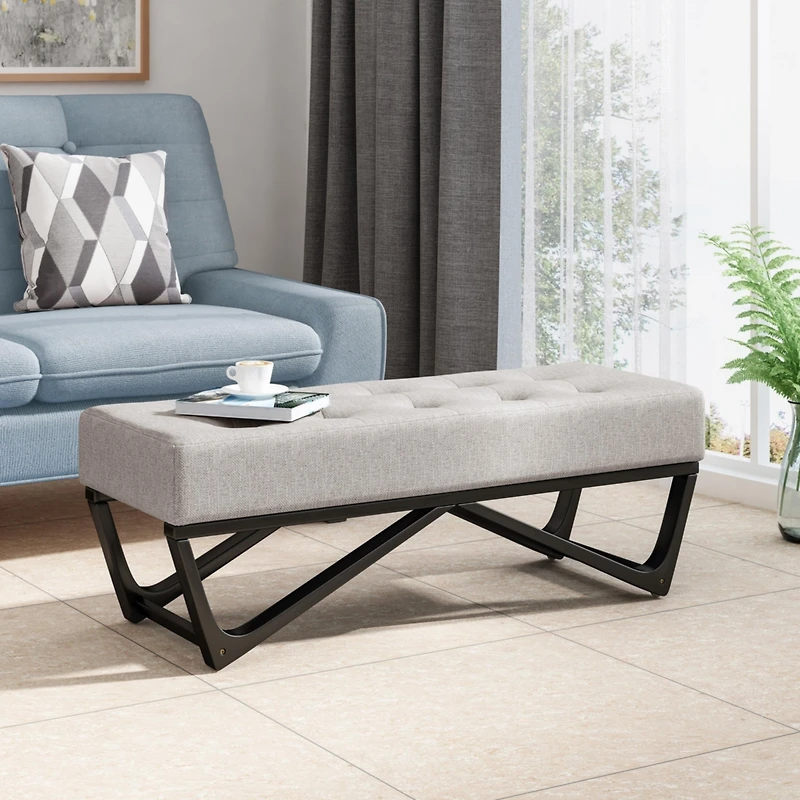 Streamdale Modern Geometric Button Tufted Ottoman Bench with Bentwood Frame