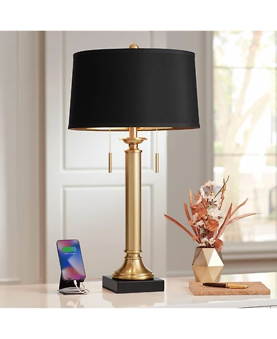 Possini Euro Design Wynne Traditional Table Lamp 30" Tall Warm Gold with Usb Charging Port Black Drum Shade for Bedroom Living Room Bedside Night