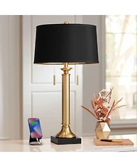 Possini Euro Design Wynne Traditional Table Lamp 30" Tall Warm Gold with Usb Charging Port Black Drum Shade for Bedroom Living Room Bedside Night