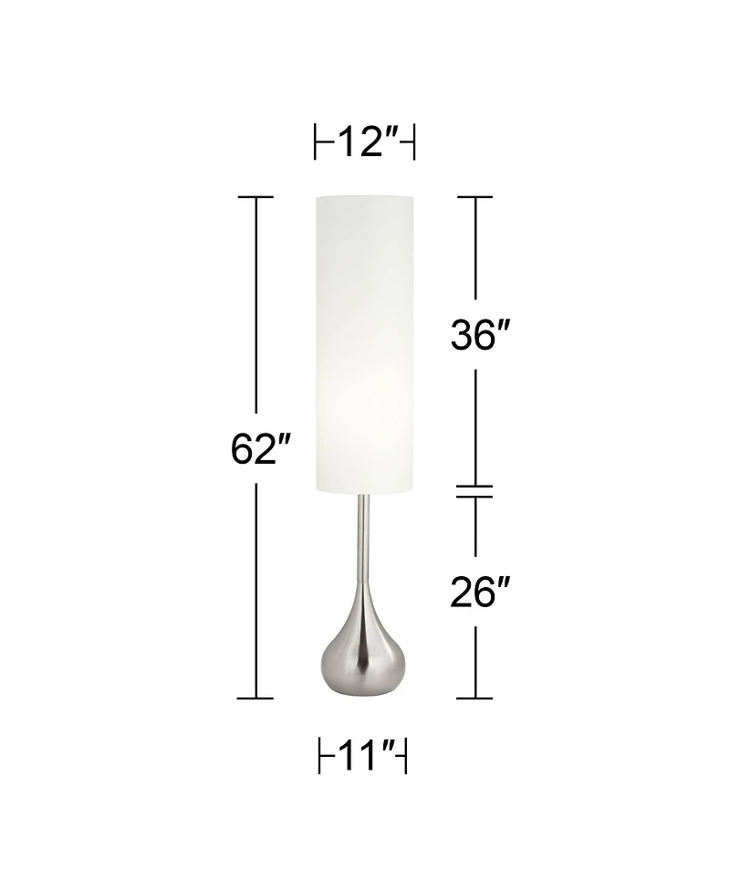 Possini Euro Design Mid Century Modern Floor Lamp 62" Tall Brushed Steel Droplet Cotton Cylinder Shade for Living Room Bedroom Office