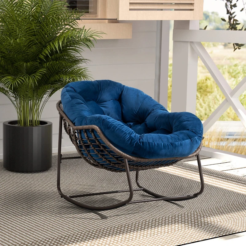 Simplie Fun Navy Blue Outdoor Rattan Rocking Chair with Cushion