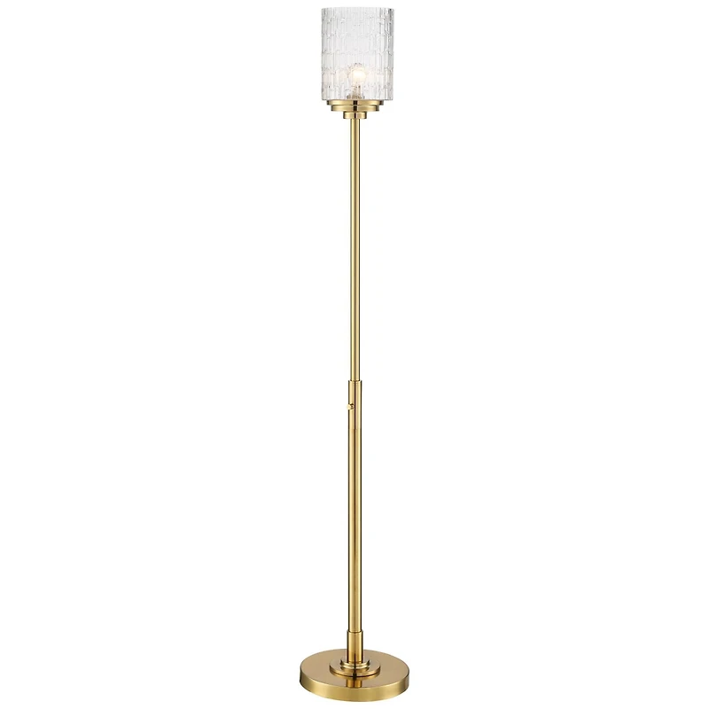 Possini Euro Design Kinsey Modern Glam Style Torchiere Floor Lamp Standing 72.5" Tall Antique Brass Gold Metal Stone Pattern Glass Cylinder Shade for