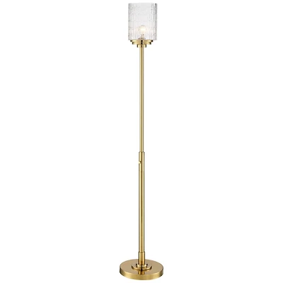 Possini Euro Design Kinsey Modern Glam Style Torchiere Floor Lamp Standing 72.5" Tall Antique Brass Gold Metal Stone Pattern Glass Cylinder Shade for
